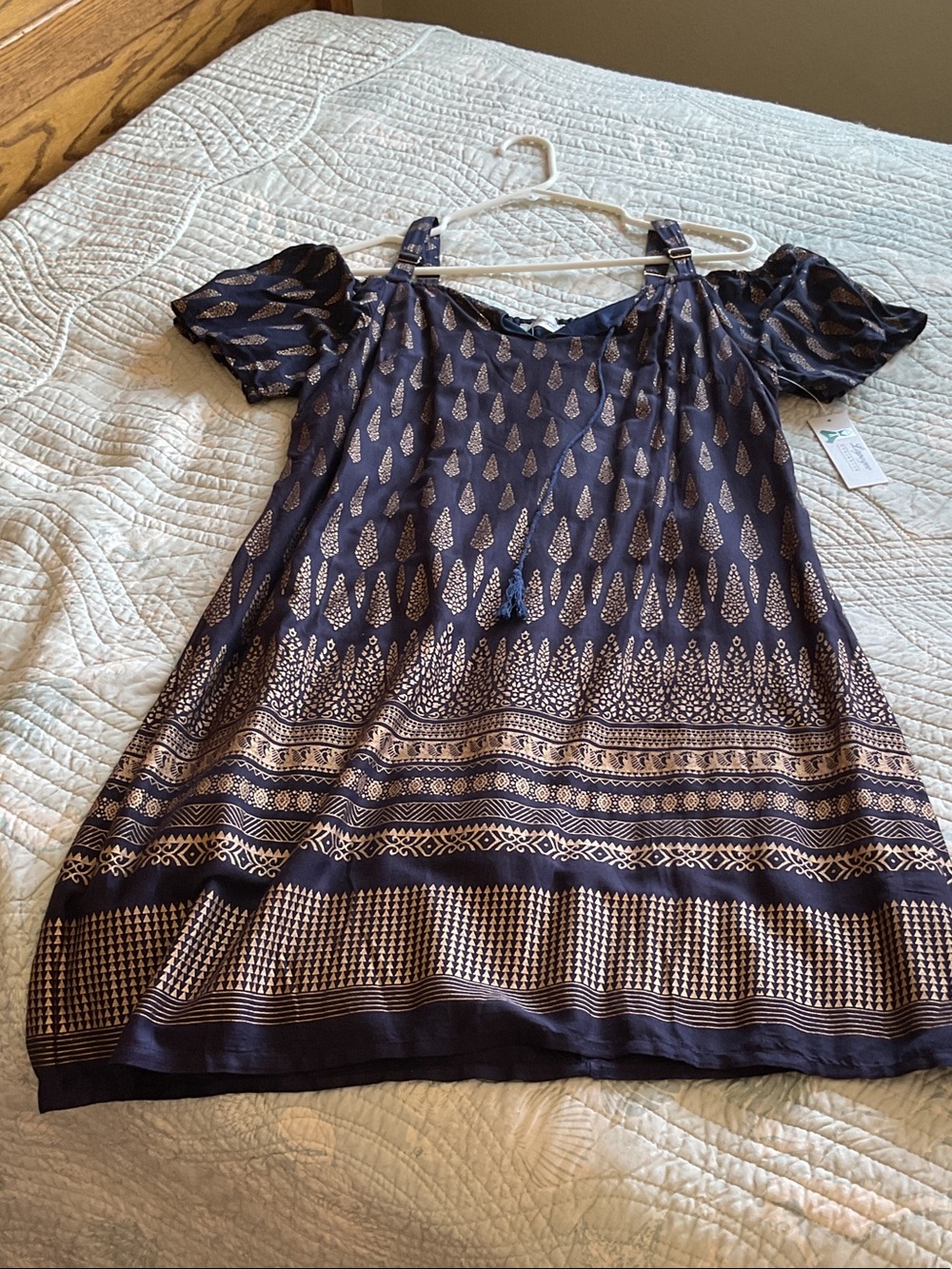 Navy Blue Patterned Midi Dress with Tassel Tie